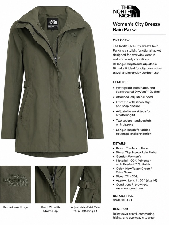 The North Face Jackets & Blazers - The North Face Women's City Breeze Rain Parka — Olive